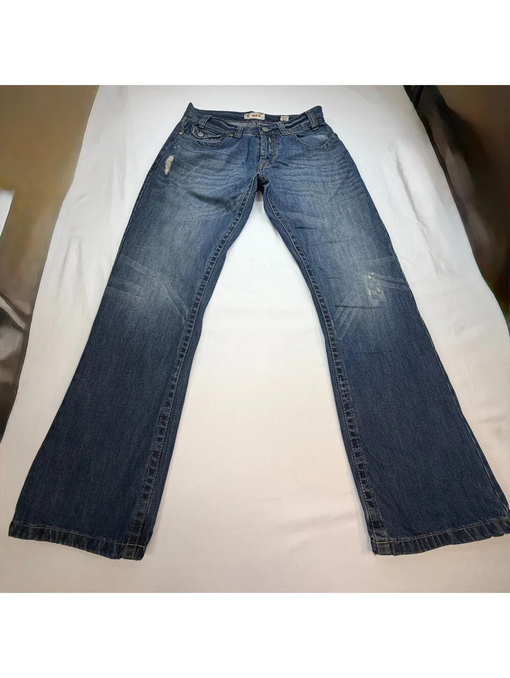 MEK DNM Men's Jeans Oaxaca Denim Bootcut Distressed Mid Rise Solid Size 36 Blue